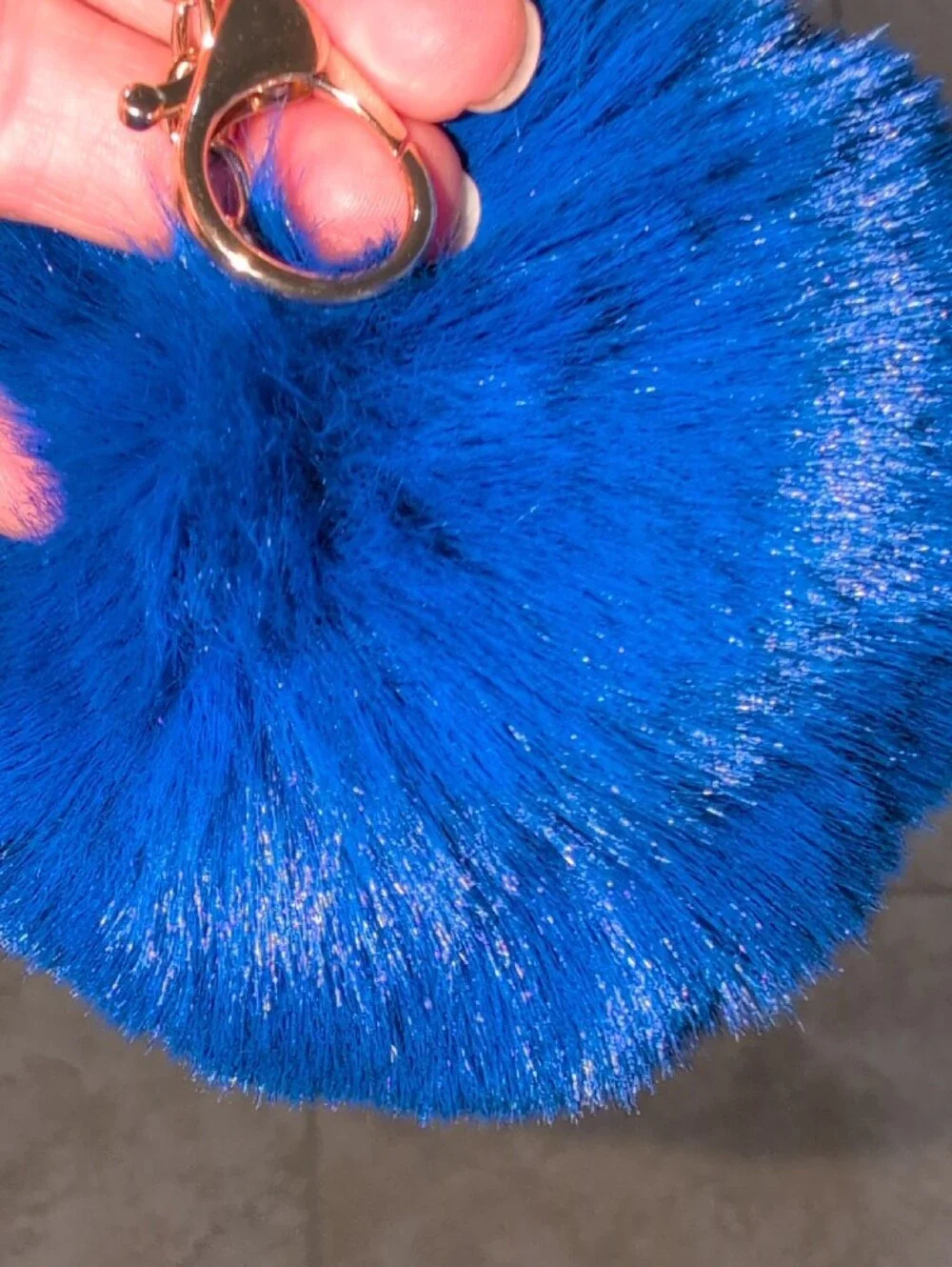 Blue Faux Fur Pom Pom Keychain with Gold Hardware